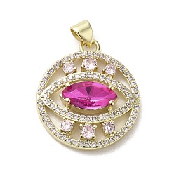 Fuchsia Brass Micro Pave Cubic Zirconia Pendants, with Glass, Real 18K Gold Plated, Flat Round with Eye, Fuchsia, 26x22x5.5mm, Hole: 3.3x3.7mm