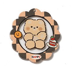Food Printed Bear Theme Acrylic Pendants, Flower with Bear, Food, 39.5~40x35x2.5mm, Hole: 1.5mm