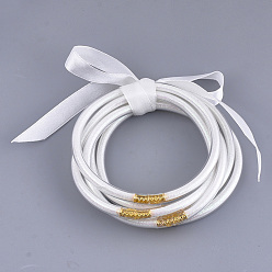 White PVC Plastic Buddhist Bangle Sets, Jelly Bangles, with Glitter Powder and Polyester Ribbon, White, 2-1/2 inch(6.3cm), 5pcs/set