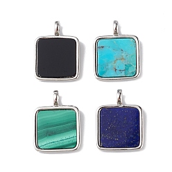 Mixed Stone Natural Mixed Stone Pendants, Square Charms with Rack Plating Platinum Tone Brass Findings, Lead Free & Cadmium Free, 16~16.5x12x1.5mm, Hole: 1.5x2mm