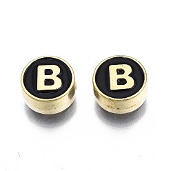 Letter B Alloy Enamel Beads, Cadmium Free & Lead Free, Light Gold, Flat Round with Alphabet, Black, Letter.B, 8x4mm, Hole: 1.5mm