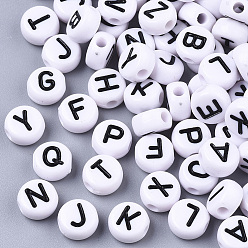 Letter A~Z White Opaque Acrylic Beads, Horizontal Hole, Flat Round with Letter, Black, Letter, 7x4mm, Hole: 1.8mm, about 3900pcs/500g