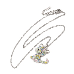 Colorful Alloy Rhinestone Cat Pandant Necklace with Cable Chains, Stainless Steel Jewelry for Women, Colorful, 17.83 inch(45.3cm)