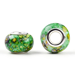 Lime Green Opaque Resin European Beads, Imitation Crystal, Two-Tone Large Hole Beads, with Silver Tone Brass Double Cores, Rondelle, Lime Green, 14x9.5mm, Hole: 5mm