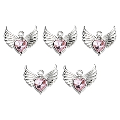 Pink Rack Plating Alloy Glass Pendants, Cadmium Free & Lead Free & Nickle Free, Platinum, Faceted Heart Charm with Wing, Pink, 20x22x4mm, Hole: 1.8mm