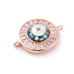 Rose Gold Brass Micro Pave Cubic Zirconia Links Connectors, with Abalone Shell/Paua Shell, Cadmium Free & Nickel Free & Lead Free, Eye, Clear, Rose Gold, 20x15x5mm, Hole: 1.2mm