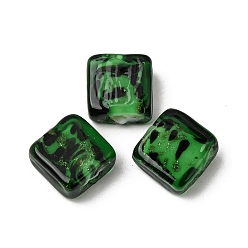 Sea Green Handmade Gold Sand Lampwork Beads, Square, Sea Green, 12.5x12.5x6~6.5mm, Hole: 1.8mm
