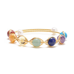 Mixed Stone Mixed Stone & Natural Pearl Beads Wire Wrapped Cuff Bangle, 7 Chakra Open Torque Bangle for Women, Golden, Inner Diameter: 2 inch(5cm)