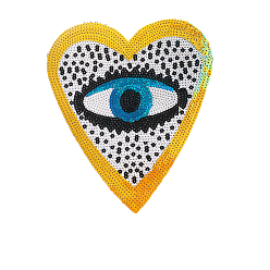 Jaune Fer à repasser informatisé / coudre des patchs, accessoires de costumes, appliques paillette, coeur avec des yeux, jaune, 230x190mm