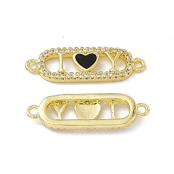 Black Rack Plating Brass Micro Pave Clear Cubic Zirconia Connector Charms, with Enamel, Cadmium Free & Lead Free, Oval with Heart Links, Real 18K Gold Plated, Black, 8.5x27x2.5mm, Hole: 1.5mm