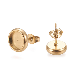Golden Ion Plating(IP) 304 Stainless Steel Stud Earring Settings, with Ear Nuts, Flat Round, Golden, 10.5mm, Pin: 0.8mm, Tray: 8mm