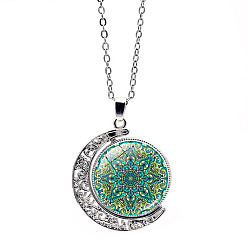 Dark Turquoise Glass Moon with Mandala Flower Pendant Necklace, Stainless Steel Jewelry for Women, Dark Turquoise, 17.72 inch(45cm)
