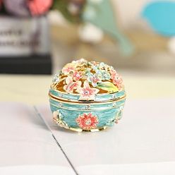 Turquoise Flower Alloy Enamel Box, with Rhinestone and Magnetic Clasps, for Ring, Neckalces, Pendant, Home Decoration, Turquoise, 5.3x4.4cm