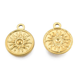 Chapado en Oro Real 18K Revestimiento iónico (ip) 201 colgantes de acero inoxidable, plano y redondo con sol, real 18 k chapado en oro, 19x15.5x2 mm, agujero: 3 mm