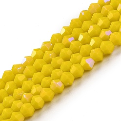 Yellow Opaque Solid Color Imitation Jade Glass Beads Strands, AB Color Plated, Faceted, Bicone, Yellow, 4x4mm, Hole: 0.8mm, about 87~98pcs/strand, 12.76~14.61 inch(32.4~37.1cm)