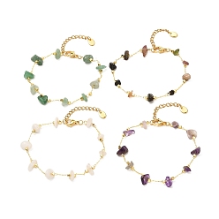 Mixed Stone Natural Mixed Gemstone Chip Beaded Bracelet for Girl Women, Brass Cable Chain Bracelet, Golden, 6-3/4 inch(17.3cm)