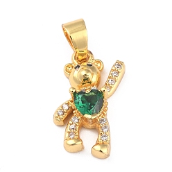 Зеленый Латунные подвески с фианитами, долговечный, реальный 18 k позолоченный, медведь, зелёные, 17x11x4 мм, отверстие : 3.5x4 мм