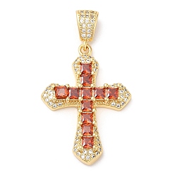 Red Rack Plating Brass Pendants, Glass with Cubic Zirconia, Lead Free & Cadmium Free, Long-Lasting Real 18K Gold Plated, Cross, Red, 32.5x23x5mm, Hole: 4x2.5mm