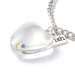 Clear Dandelion Seed Wish Necklace for Teen Girl Women Gift, Transparent Heart Glass Pendant Necklace, with Iron Chain, Clear, 24.41 inch(62cm)