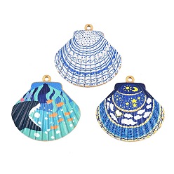 Golden Printed 304 Stainless Steel Pendants, Shell Shape Charms, Mixed Color, Golden, 32.5x32.5x4mm, Hole: 2mm