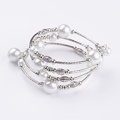 White Glass Pearl Bead Wrap Bracelets, Four Loops, with Brass Tube Beads and Iron Bead Spacers, Antique Silver and Platinum, White, 2-1/8 inch(53mm)