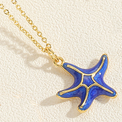 Cornflower Blue Real 14K Gold Plated Brass Enamel Pendant Necklace, Ocean Theme Starfish Jewelry for Women, Cornflower Blue, 17.72 inch(45cm)