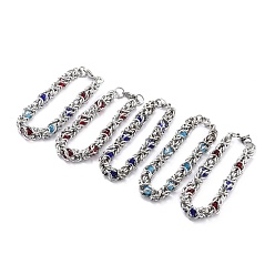 Mixed Color 304 Stainless Steel Byzantine Chain Bracelet for Girl Women, Round Glass Beads Bracelets, Mixed Color, 8-1/4~8-5/8 inch(21~22cm)