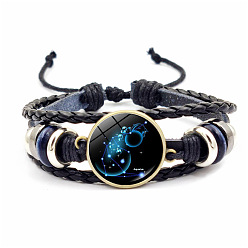 Aquarius Leather Triple Layer Multi-strand Bracelets, with Glass Constellation Links, Aquarius, 7-1/8 inch(18cm)
