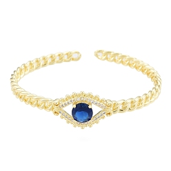 Bleu Moyen  Bracelet manchette ouvert oeil de cheval zircone cubique, bijoux en laiton plaqué or véritable 18k pour femmes, bleu moyen, diamètre intérieur: 2x2-3/8 pouce (5.2x6.1 cm)