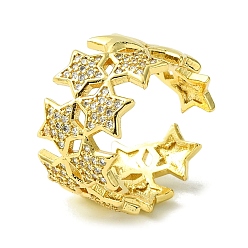 Real 16K Gold Plated Brass Micro Pave Cubic Zirconia Open Cuff Rings, Star, Real 16K Gold Plated, US Size 8(18.1mm)