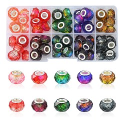 Mixed Color 70Pcs 10 Colors Transparent Resin European Beads, Imitation Crystal, Two-Tone Large Hole Beads, with Silver Tone Brass Double Cores, Faceted, Rondelle, Mixed Color, 14x8.5mm, Hole: 5mm, 7pcs/color