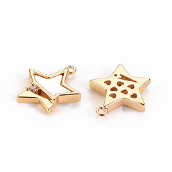 Real 18K Gold Plated Brass Micro Pave Clear Cubic Zirconia Charms, with Natural Shell, Nickel Free, Star, Real 18K Gold Plated, 12.5x11.5x2mm, Hole: 1mm