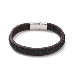 Stainless Steel Color Black Leather Cord Bracelet with 304 Stainless Steel Magnetic Clasps, Punk Flat Wristband for Men Women, Stainless Steel Color, 8-1/2 inch(21.5cm)