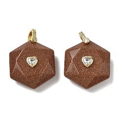 Goldstone Synthetic Goldstone Faceted Pendants, Hexagon Charms with Brass Pave Heart Clear Cubic Zirconia Findings, Golden, 38x28.5x13mm, Hole: 5.5x4.5mm