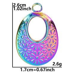Rainbow Color Stainless Steel Pendants, Oval with Flower Charm, Rainbow Color, 26x17mm