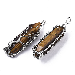 Tiger Eye Natural Tiger Eye Big Wire Wrapped Pendants, with Brass Wires, prismatic with Tree of Life, Platinum, 48~62x14~17x13~18mm, Hole: 4x5~6mm