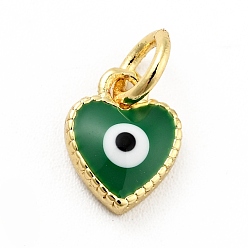 Dark Green Rack Plating Brass Enamel Charms, with Jump Rings, Cadmium Free & Lead Free, Real 18K Gold Plated, Heart with Evil Eye, Dark Green, 9x7x2.6mm, Hole: 3mm