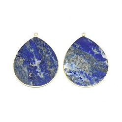 Lapis Lazuli Dyed Natural Lapis Lazuli Pendants, with Brass Findings, Drop, Golden, 41~41.5x32x2mm, Hole: 1.5mm