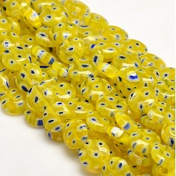 Желтый Millefiori стеклянные плоские круглые нити бисера, желтые, 10x3~4 мм, отверстие : 1 мм, около 38 шт / нитка, 14 дюйм