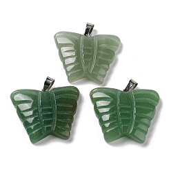 Green Aventurine Natural Green Aventurine Carved Pendants, Butterfly Charms with Platinum Plated Brass Snap on Bails, 30x35.5x7mm, Hole: 7x4.5mm