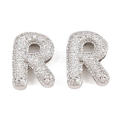 Letter R Латунные микропаве из прозрачного кубического циркония, без кадмия и без свинца, стойки покрытие, долговечный, платина, Буква R, 14x10x5 мм, отверстие : 2.3x11 мм