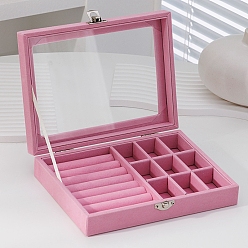 Hot Pink Rectangle Velvet Jewelry Organizer Boxes, Clear Visible Window Case for Rings, Earrings, Necklaces, Hot Pink, 20x15x5cm