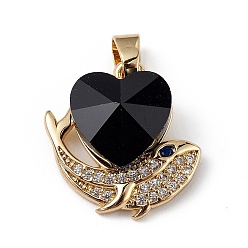 Black Real 18K Gold Plated Rack Plating Brass Micro Pave Cubic Zirconia Pendants, with Glass, Long-Lasting Plated, Cadmium Free & Lead Free, Heart & Whale, Black, 19x19x8mm, Hole: 5x3mm