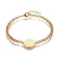 Golden 304 Stainless Steel Rolo Chain Bracelets, Link Bracelets, Flat Round with Flower, Golden, 7-1/4 inch(18.5cm), 4mm, Links: 14x19x2mm