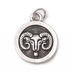 Aries Brass Pendants, with Jump Rings, Long-Lasting Plated, Flat Round with 12 Constellation/Zodiac Sign, Antique Silver, Aries, 18.5x15x2mm, Jump Ring: 5x0.7mm, Inner Diameter: 3.6mm