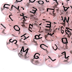 Pink Transparent Acrylic Beads, Horizontal Hole, Flat Round with Random Letters, Pink, 7x3.5mm, Hole: 1.8mm, about 3600~3700pcs/500g