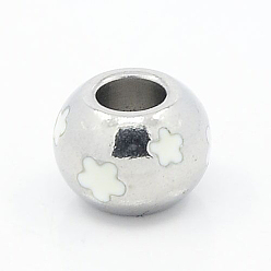 Stainless Steel Color 304 Stainless Steel Enamel Beads, Large Hole Beads, Rondelle with Flower, White Color, Stainless Steel Color, 9x7mm, Hole: 4mm