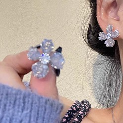 Platinum Flower Alloy Rhinestone Studs Earrings, with Rhodium Plated 925 Sterling Silver Pins, Platinum, 50x50mm