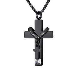 Clear 304 Stainless Steel Religion Cross Pendant Memorial Urn Ash Necklaces, April Birthstone Necklace, Cable Chain Necklace, Clear, Pendant: 35x22mm