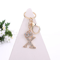 Letter X Crystal Rhinestone Initial Letter with Crown Pendant Keychains, with Light Gold Alloy Findings, Letter.X, 10~10.5cm, alphabet: 40~46x20~45mm